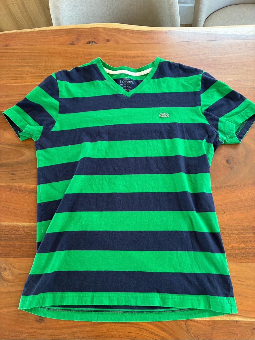 Lacoste Green & Navy Striped V‑Neck Tee